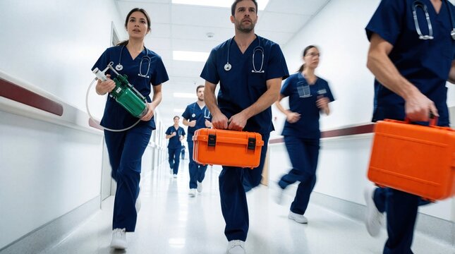 Medical staff in blue scrubs rush through hospital corridor during emergency. Doctors, nurses carry orange medical kit, green equipment for urgent patient care. Teamwork helps save lives in critical