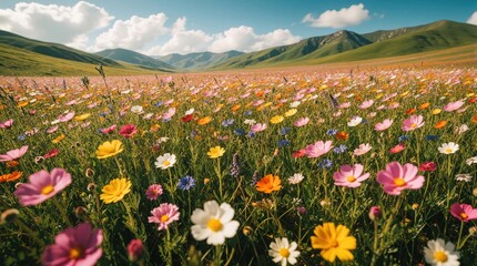 Fototapeta premium Colorful wildflowers bloom in vast meadow under blue sky. Scenic mountain landscape with green hills, bright floral field. Beautiful summer nature background with diverse cosmos flowers growing in