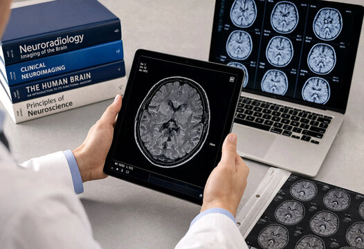 Medical professional examining brain MRI scan on digital tablet surrounded by reference books