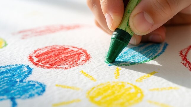 Close up of small child hand using green wax crayon on white paper. Young kid draws colorful sun, clouds with art tools. Creative preschooler develops fine motor skills through drawing activity at