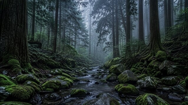 霧に包まれた深い森を流れる清流と苔むした岩の自然風景