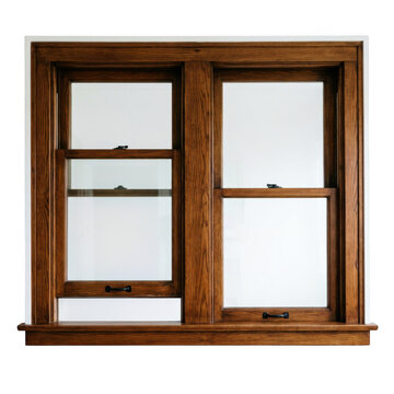 A double hung wooden window frame with rich brown grain texture and clear glass panes, isolated on a white background, for home isolated on a transparent background