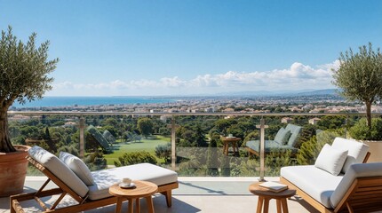 Obraz premium Luxury hotel terrace offers seating lounge chairs and tables overlooking Mediterranean city coastline. Outdoor cafe cafe with sea view horizon under clear blue sky.