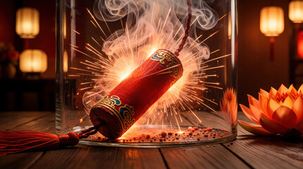 Naklejka premium Chinese firecracker explodes inside glass jar surrounded by smoke and sparks. Red lantern and orange lotus flower nearby on wooden table surface.