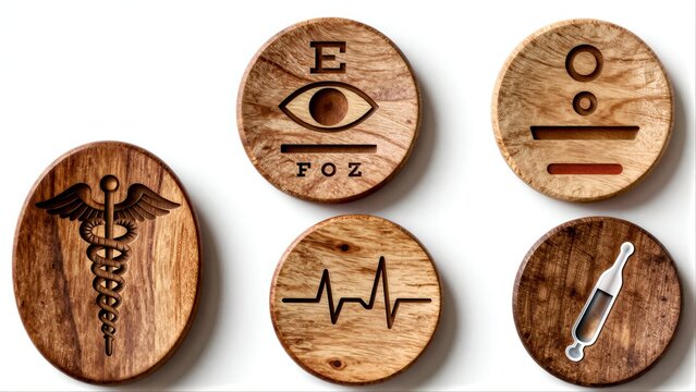 Wooden medical symbols: caduceus, eye chart, thermometer, ECG, and more.