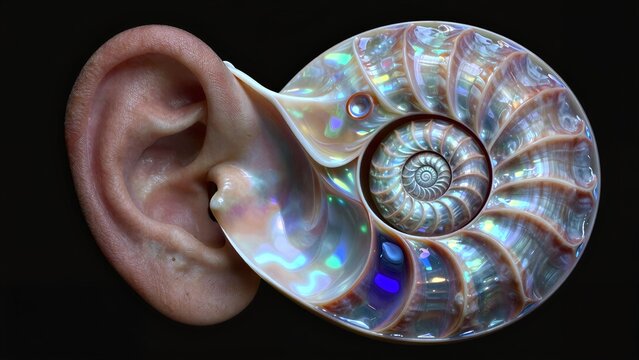 Human ear beside iridescent nautilus shell, showcasing nature's spiral symmetry.