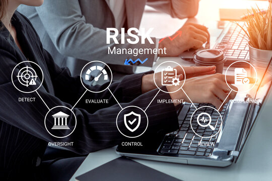 Explore a detailed representation of risk management in business with visual elements highlighting evaluation, control, and implementation strategies for effective oversight. Nascent