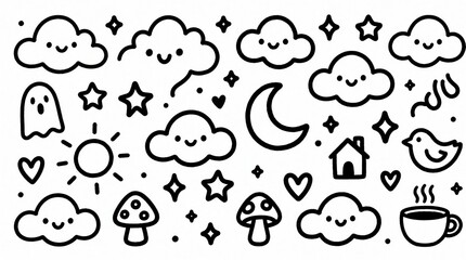 Obraz premium Collection of cute hand drawn doodle elements like clouds, stars, moon, sun, ghost, mushrooms, bird, house, heart, and hot drink. Great for creative designs, kids crafts, and playful graphics.