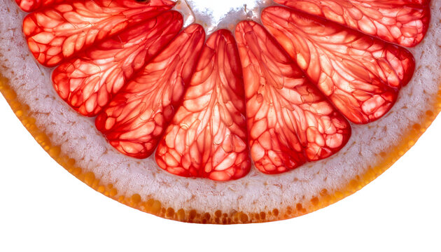 Macro closeup of juicy fresh red grapefruit segment with translucent pulp vesicles and thick white pith on transparent background close studio photography slice showing detailed rind
