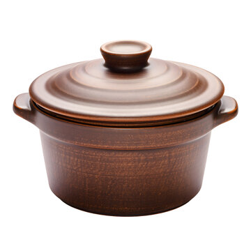 Brown ceramic pot with lid isolated on transparent background for kitchen and cooking design projects matching featuring glossy earthenware kitchenware utensil food culinary elements