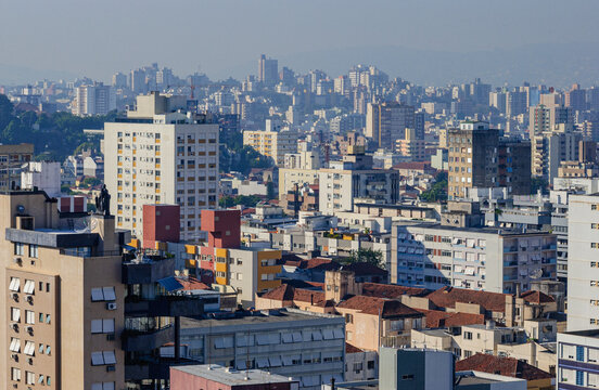 Panoramic aerial view of the cityscape residential buildings and urban park in Porto Alegre Rio Grande do Sul Brazil April 12 2005