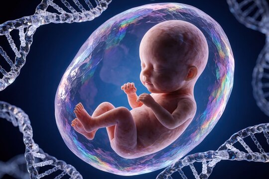 Macro view of human fetus developing inside purple amniotic sac. Tiny embryo grows in transparent bubble with DNA helix background. Concept of prenatal growth, genetics, biotechnology research for