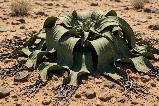 Welwitschia mirabilis plant grows in arid desert. Unique ancient succulent has wide leathery leaves sprawling on sand with exposed root system. Botanical specimen in Namib desert.
