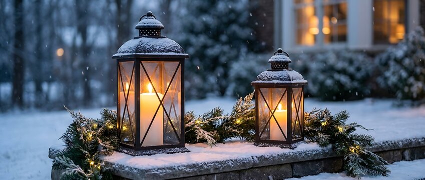 Pair of rustic lanterns with glowing candles placed on snowy stone wall decorated with fresh evergreen pine branches and twinkling fairy lights during winter evening snowfall in residential yard