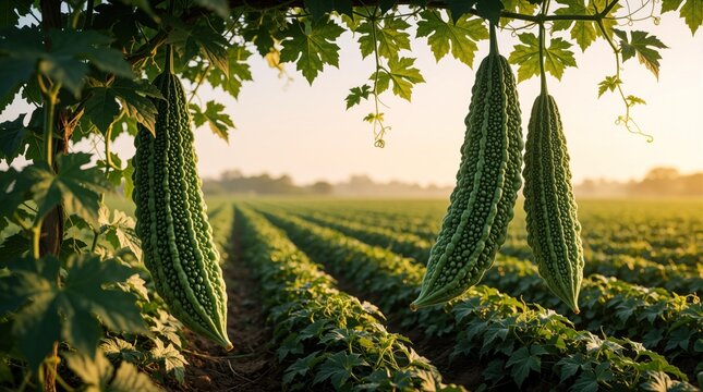 Three green bitter melons hang from vine in farm field. Organic gourd vegetables grow on rich plants under warm sunlight. Fresh agriculture crops ready for harvest in summer garden. Healthy food