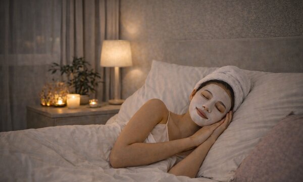 夜の寝室でフェイスパックをしながらベッドでくつろぐ日本人女性のナイトスキンケア