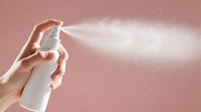 Hand holds white spray bottle releasing fine mist. Product application for beauty or cleaning needs. Atomizer creates refreshing vapor cloud against soft pink background.