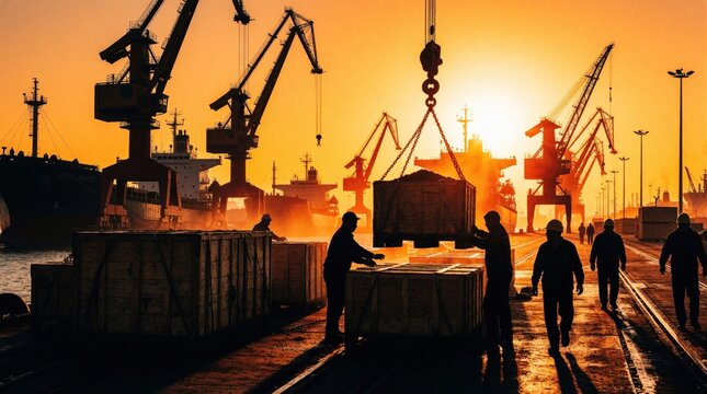 Dockworkers load heavy cargo crates at industrial port during orange sunset. Large cranes lift shipping containers near massive vessels. Men work on waterfront terminal managing global logistics,