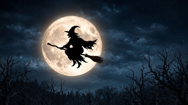 Silhouette of a witch flying on a broomstick against a large full moon at night