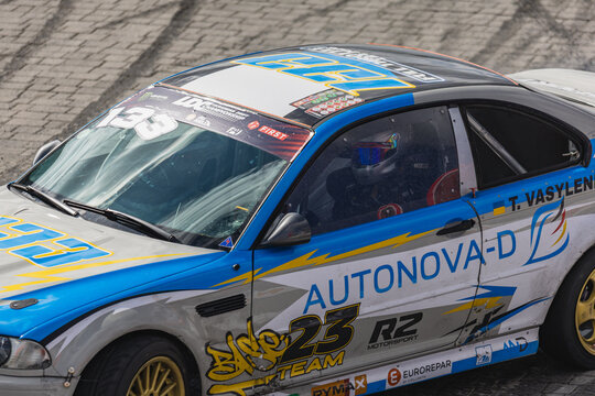 Drifting action at a racetrack in Lviv, Ukraine with a racing car