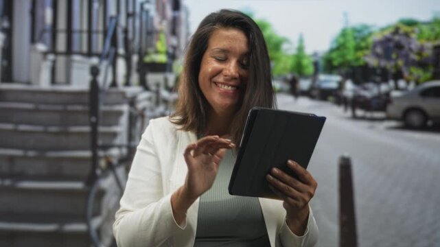 Hispanic woman holding a tablet and waving hand near her face on a city street with stone steps; cheerful connection.