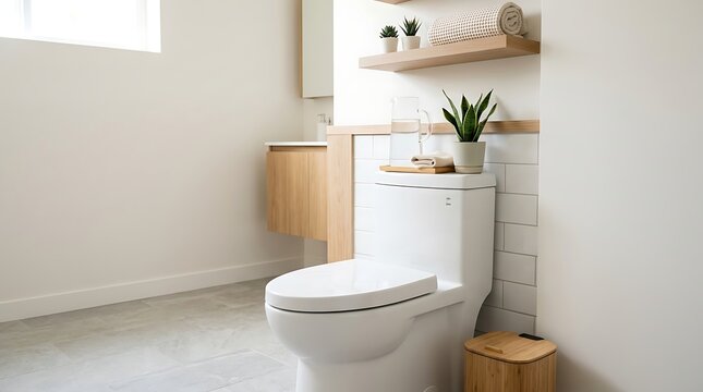 Modern bathroom interior featuring toilet bowl and reminder sign about water conservation and dont flush concept