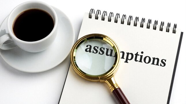 Magnifying glass over word assumptions on notepad next to coffee cup. Analyzing ideas, challenging beliefs, and thinking critically for business strategy.