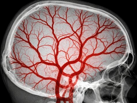 Cerebral angiography scan shows red blood vessels in human brain. Xray imaging displays detailed cerebral artery network inside skull. Medical doctor uses fluoroscopy for diagnosis of stroke,