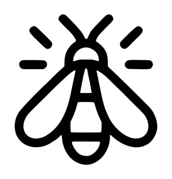 Bioluminescent glowworm beetle spreading its wings with radiating light rays around its head, clean wildlife nature vector icon rendered in thick black outline art over a white backdrop