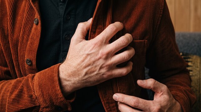 A man gripping his chest in sharp pain during a sudden medical emergency