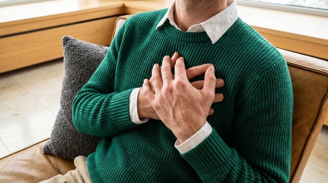 Man sitting on couch clutching his chest experiencing sudden severe chest pain