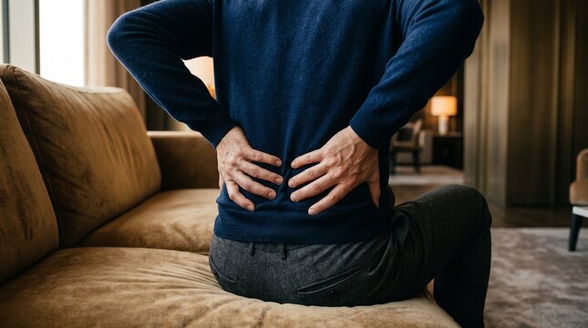 Man sitting on couch holding his lower back in pain experiencing injury discomfort