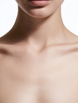 女性の首から鎖骨にかけての肌のアップ。スキンケアや美容関連の広告や記事に適した素材。