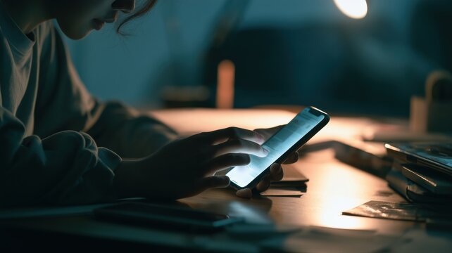 スマートフォンを操作する女性の手元が暗い室内で写っている。夜間のリラックスしたプライベートシーンやデジタルコミュニケーションのイメージに最適な素材。