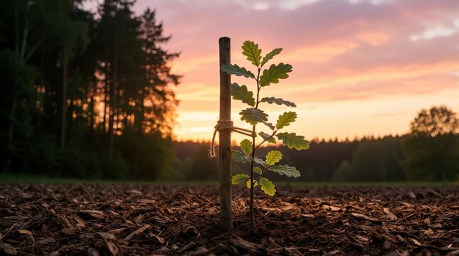Young oak sapling on wooden stake grows in mulched field. Forest background with sunset sky. New beginnings, growth, agriculture, reforestation concept.