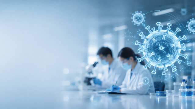 Scientists studying a digital virus model in laboratory