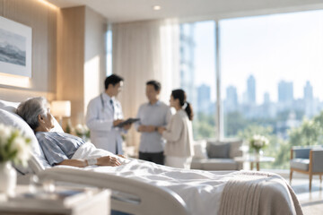 Fototapeta premium Doctor consulting family beside a senior patient in hospital