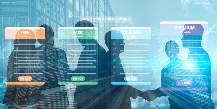 Business professionals discussing subscription pricing plans with digital interface showing various membership options and data visualization elements. Glyphic.