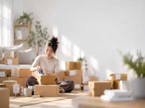 Small business owner packing customer orders at home