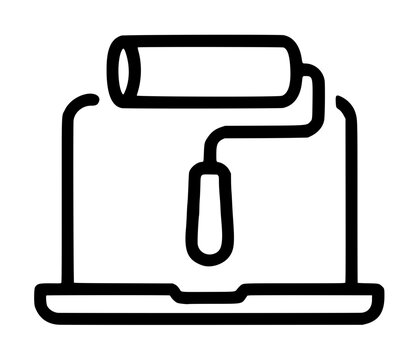 Paint roller tool with cylindrical brush and contoured handle set on an open notebook computer screen against a plain white backdrop, website customization and graphic UI theme vector icon