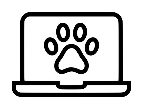 Domestic pet paw print with four oval toe pads and central pad displayed on an open laptop computer screen over a white background, veterinary clinic portal and pet adoption outline vector icon