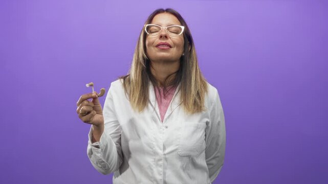 Woman doctor in white labcoat holds beige hearing aid near ear with closed eyes in studio; relief hearing care.
