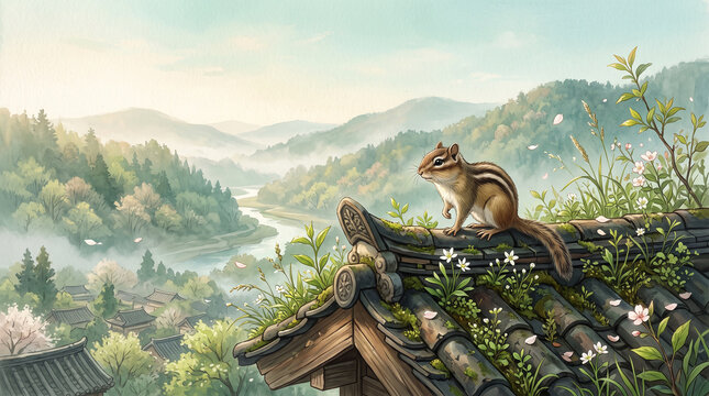 Chipmunk on Traditional Roof in Fresh Early Spring Landscape