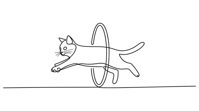 Minimalist line art cat jumping through hoop vector, playful feline illustration depicting circus performance, animal activity, black outline, and isolated artwork.