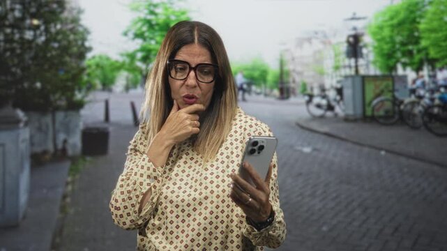 Middle aged woman holding smartphone and touching chin, looking puzzled amid bicycles on a cobblestone street; doubt.