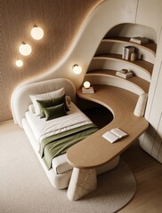 Obraz premium Modern luxury bedroom interior with organic shapes, minimalist design. Cozy bed with green pillows, wooden curved desk integrated into wall shelves. Warm ambient lighting from globe lamps creates