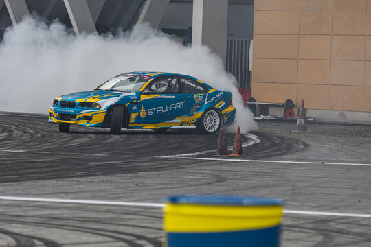 Drifting car performs burnout on racetrack in Lviv, Ukraine