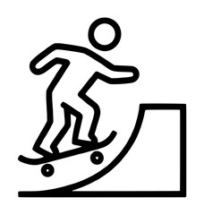 Fototapeta premium Skater riding a wheeled board up the steep curve of a skatepark quarter pipe ramp with both knees bent in action, clean monoline illustration isolated against a solid white backdrop