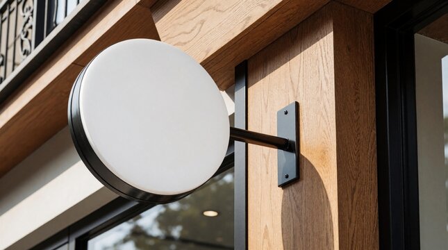 Blank white circular signboard hangs on modern wooden building exterior. Round empty shop sign mockup for business branding. Minimalist retail store signage with black metal frame, mounting bracket.