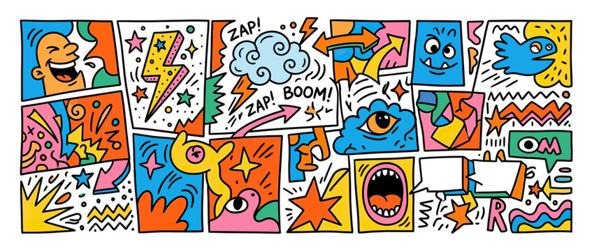 Doodle Comic Strip Collage with Cartoon Characters and Sound Effects
